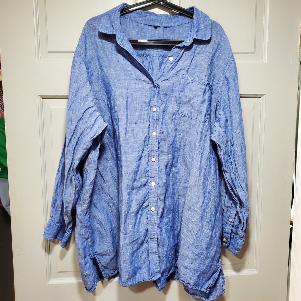 Lands End Womens 2X Blue 100% Linen Long Sleeve Tunic Blouse Preppy Lagenlook
